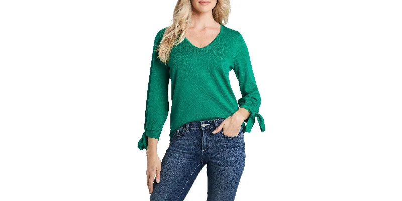 Women's Bow-Tie Cuff Long Sleeve V-Neck Sweater Soft Cozy Warm
