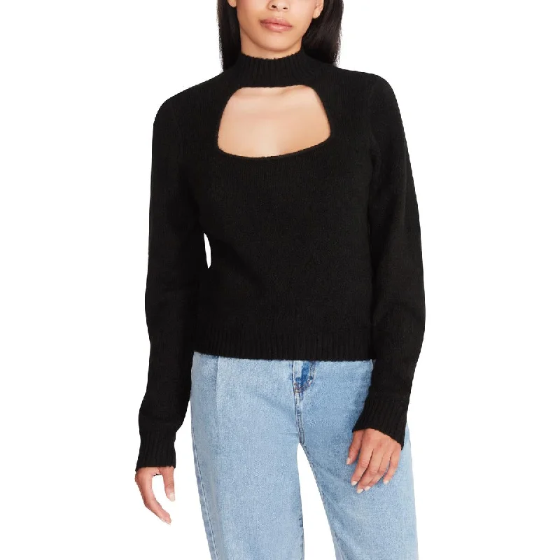 Womens Knit Cut-Out Mock Turtleneck Sweater Herringbone Houndstooth Plaid