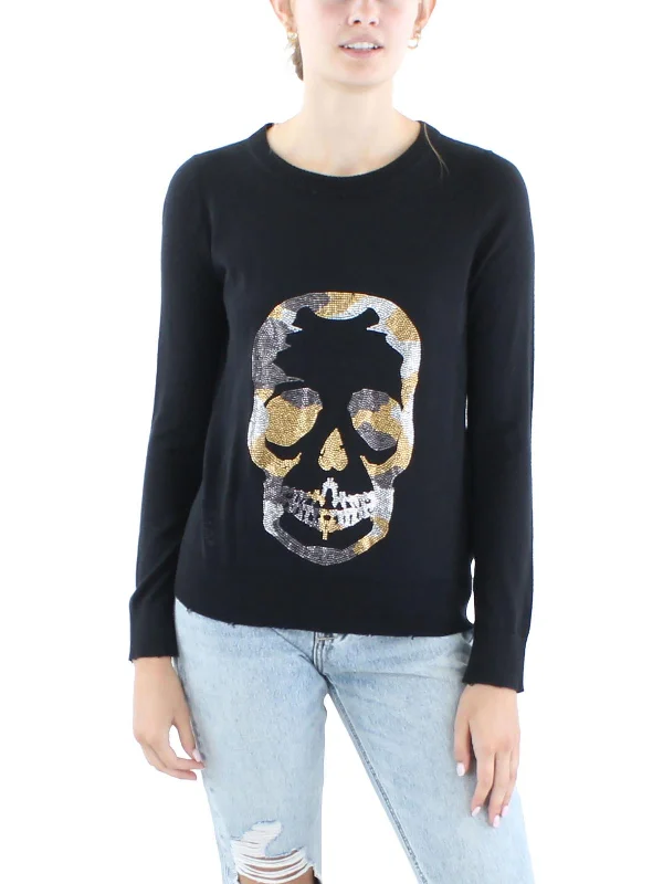 Womens Knit Distressed Crewneck Sweater Notch Collar Peter Pan Collar Cowl Neck