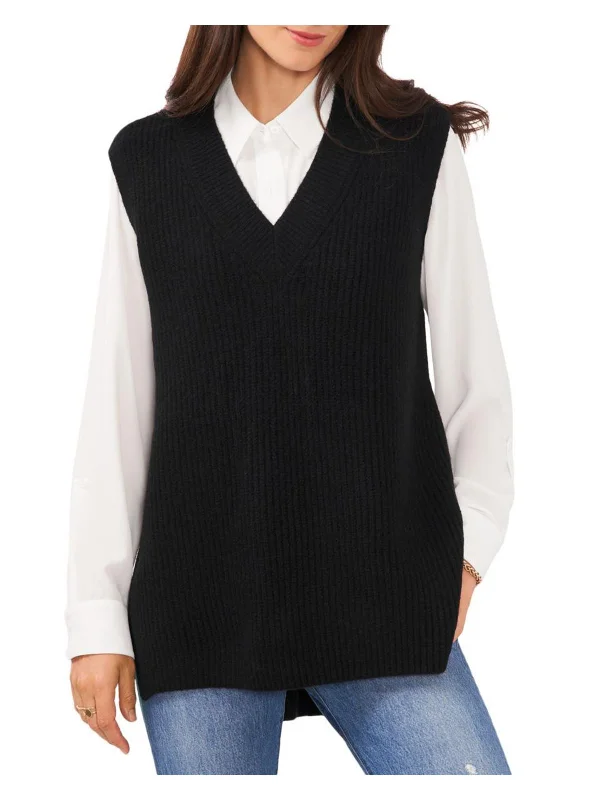 Womens Knit V-Neck Sweater Vest Front Pockets Side Pockets Patch Pockets