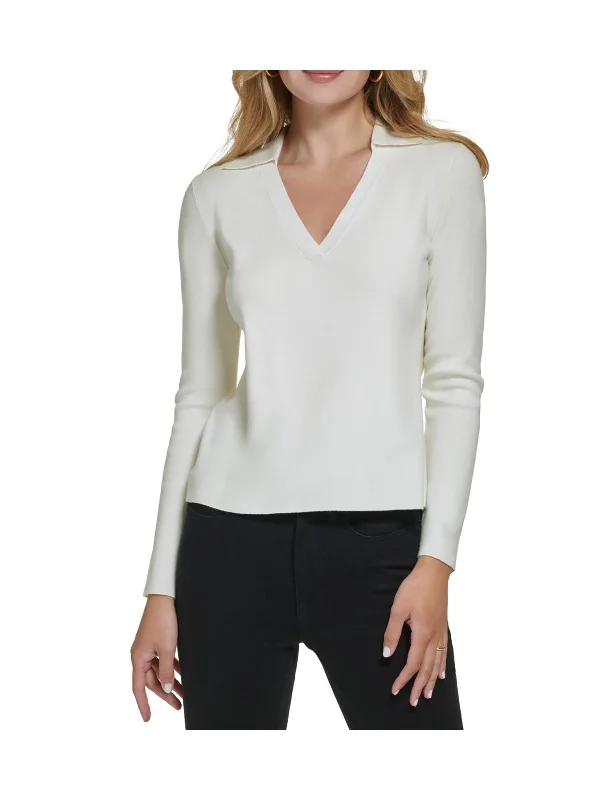 Womens Sequined Collared V-Neck Sweater Satin Blend Silk Blend Wool Blend