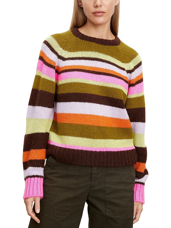 Womens Striped Knit Crewneck Sweater Stretchy Elastic Breathable