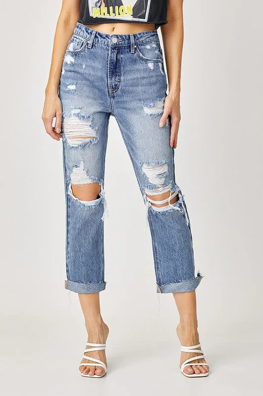 Distressed Straight Leg Jeans Fashionable Slouchy Fit Jeans