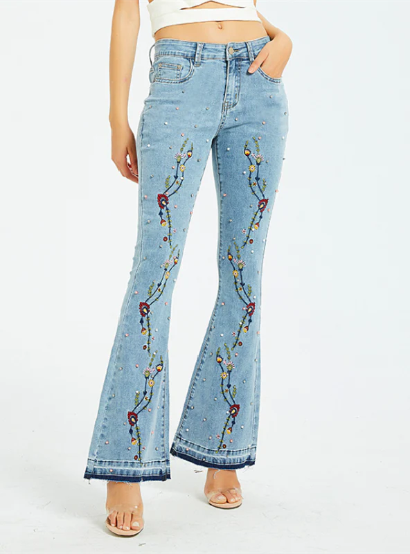 WIDE-LEG PANTS EMBROIDERED HORN JEANS Comfortable Jogger Style Jeans