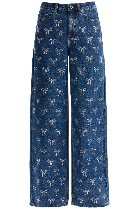 Decorated Straight Leg Jeans  - Blue Comfortable Stretch Fit Jeans