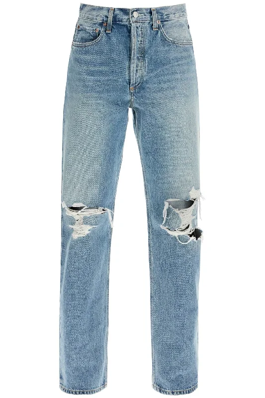 Relaxed Straight Fit Kelly Used Effect Jeans  - Blue