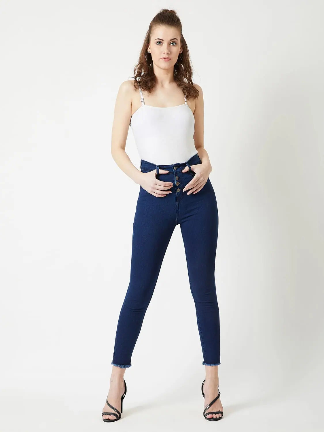 Cotton Flower Child Denim Jeans Navy Blue Elegant Raw Hem Jeans