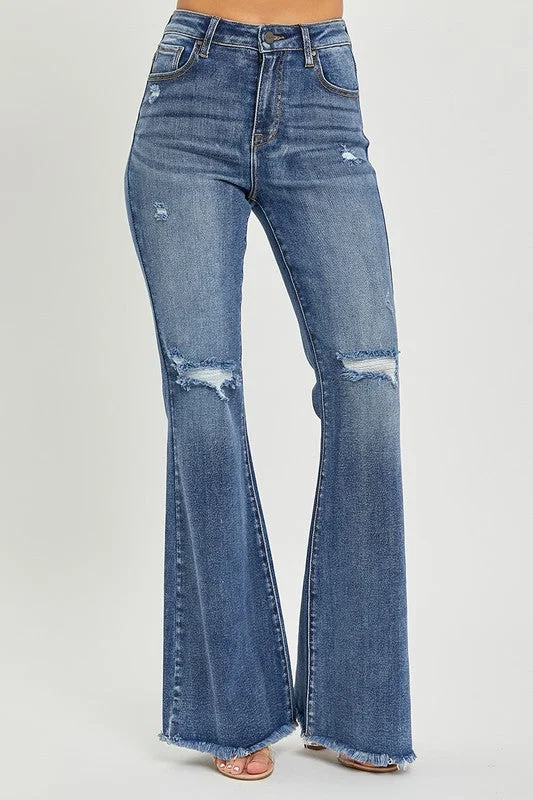 Risen Jeans High Rise Knee Distressed Flare Jeans Fashionable Straight Fit Denim