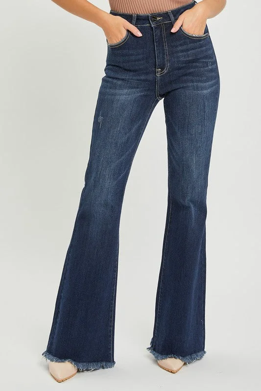 Risen Jeans High Rise Vintage Frayed Hem Flare Jeans