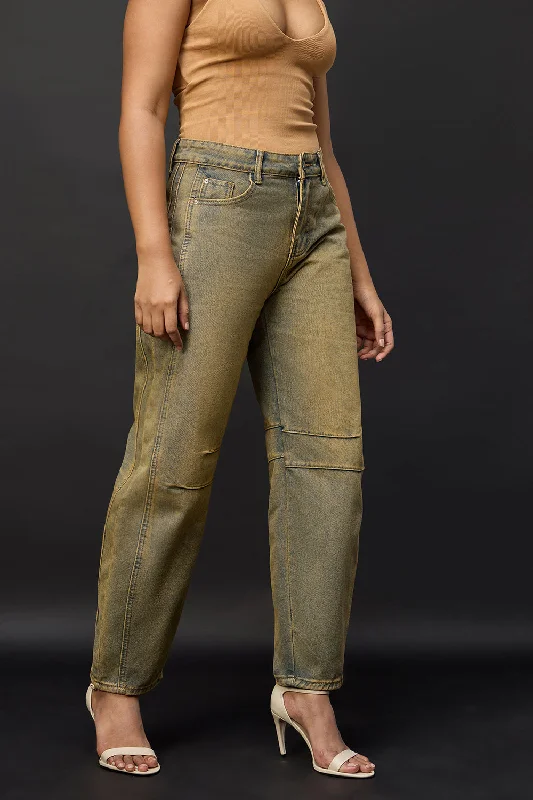 Terracotta Earth Barrel Leg Jeans Fashionable Raw Hemmed Jeans