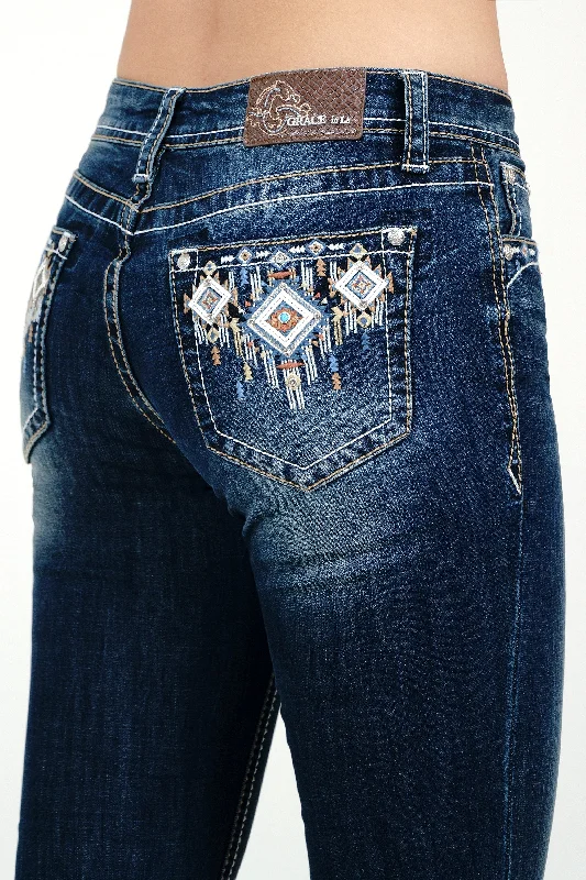 Aztec Colorful Embroidered Mid Rise  Bootcut Jeans Trendy Layered Pocket Jeans