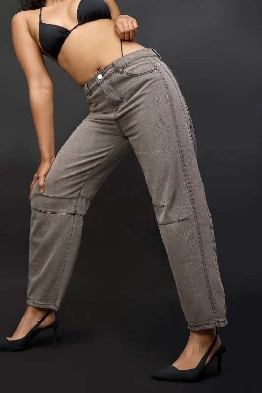 Taupe Grey Barrel Leg Jeans Comfortable Stretch Denim Jeans