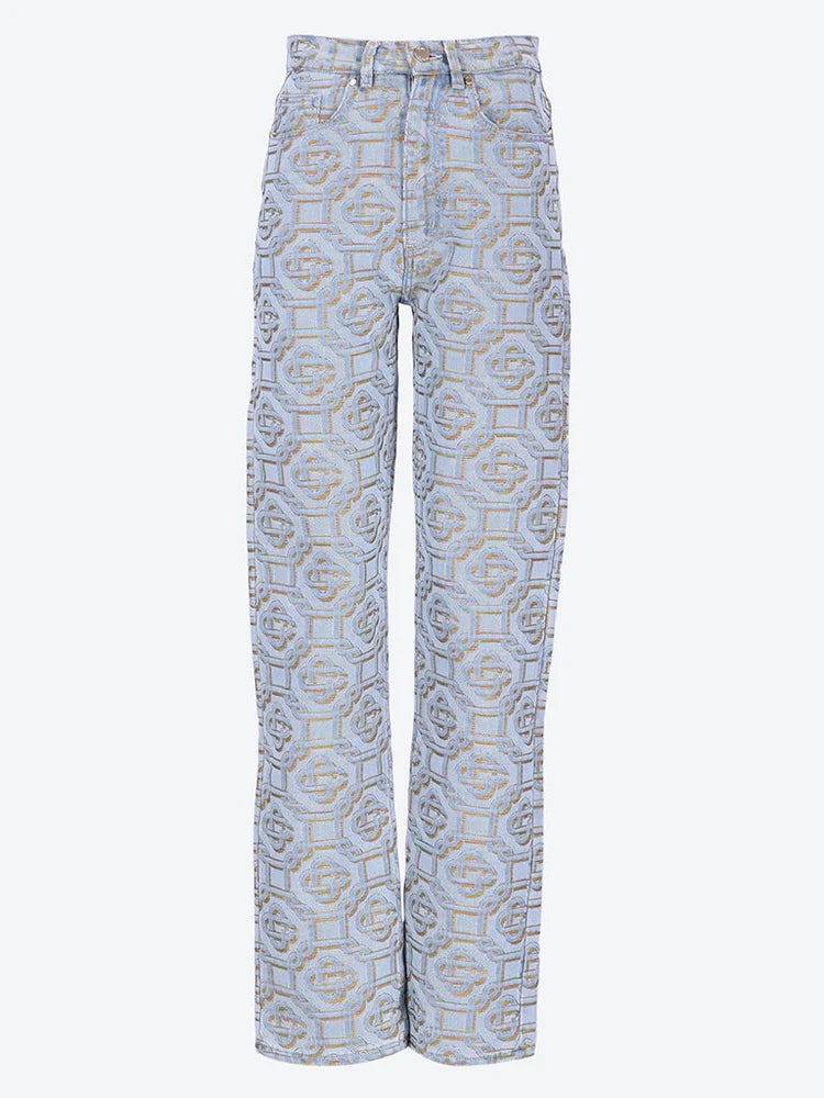 Casablanca Women Monogram Straight Leg Jeans Light Blue Fashionable Button-Front Jeans