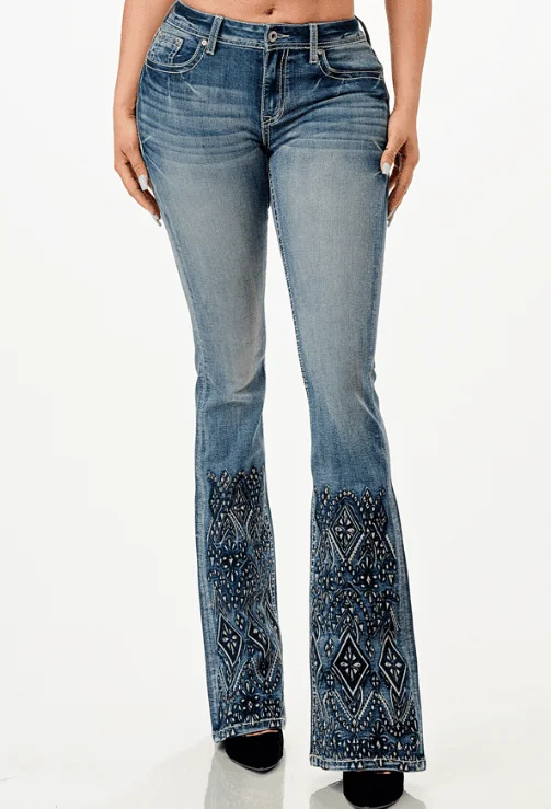 Grace in LA Easy Fit Women's Aztec Rhinestone Front Bootcut Jeans EL61838