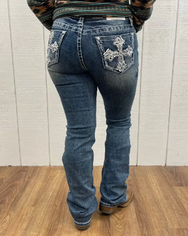 Grace in LA Women's Easy Fit Neutral Cross Embroidery Bootcut Jeans EB51835 Fashionable Vintage Wash Jeans