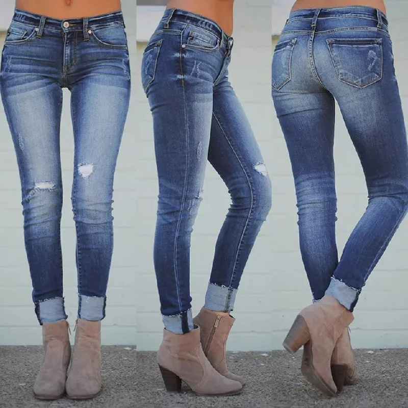 Cropped Elastic Slim Ripped Jeans Fashionable Cropped Denim Jeans