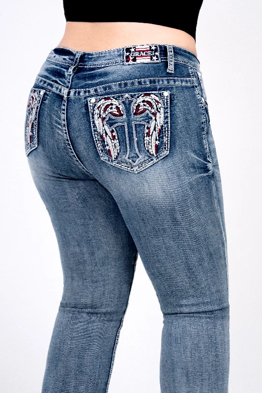 Cross Wings Americana Embellished Plus Size Bootcut Jeans Comfortable Zip-Fly Denim Jeans Cross Wings Americana Embellished Plus Size Bootcut Jeans Comfortable Zip-Fly Denim Jeans
