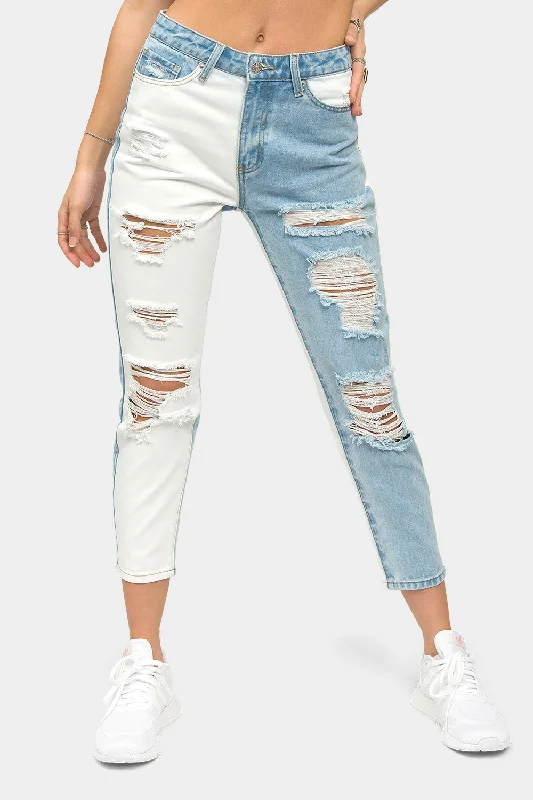 Distressed High Waist Color Block Boyfriend Jeans Comfortable Folded Hem Jeans