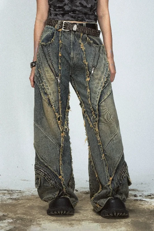 Distressed Patchwork Wide-Leg Jeans Elegant Dark-Wash Bootcut Jeans