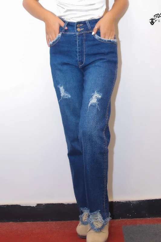 Double button high rise straight rugged Jeans Comfortable Drawstring Waist Jeans