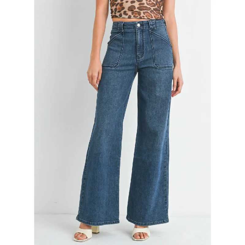 Patch Pocket Flare Leg Jeans Stylish Paperbag Waist Denim