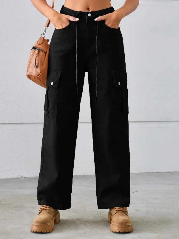 Drawstring Mid-Rise Waist Straight Cargo Jeans Fashionable Distressed Jeans