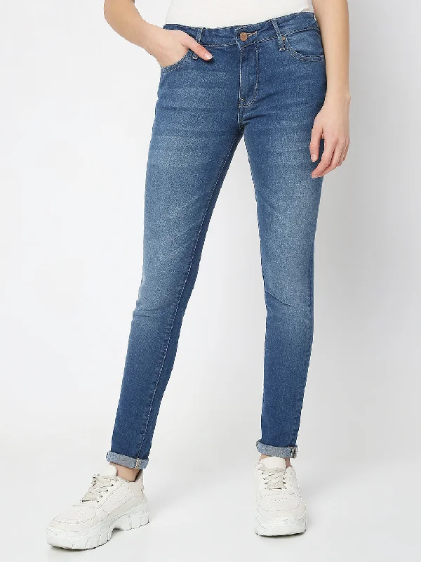 Spykar Mid Blue Mid Rise Jeans For Women Cozy Relaxed Fit Denim Jeans