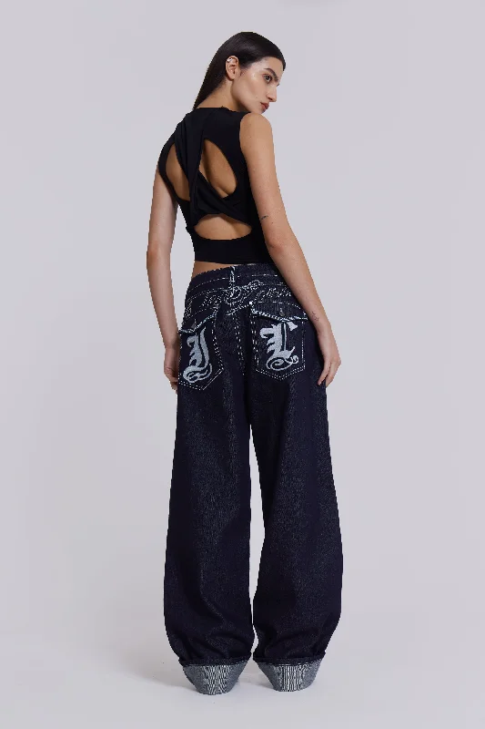 Sonic Embroidered Baggy Jeans In Indigo Stylish Relaxed Fit Skinny Jeans