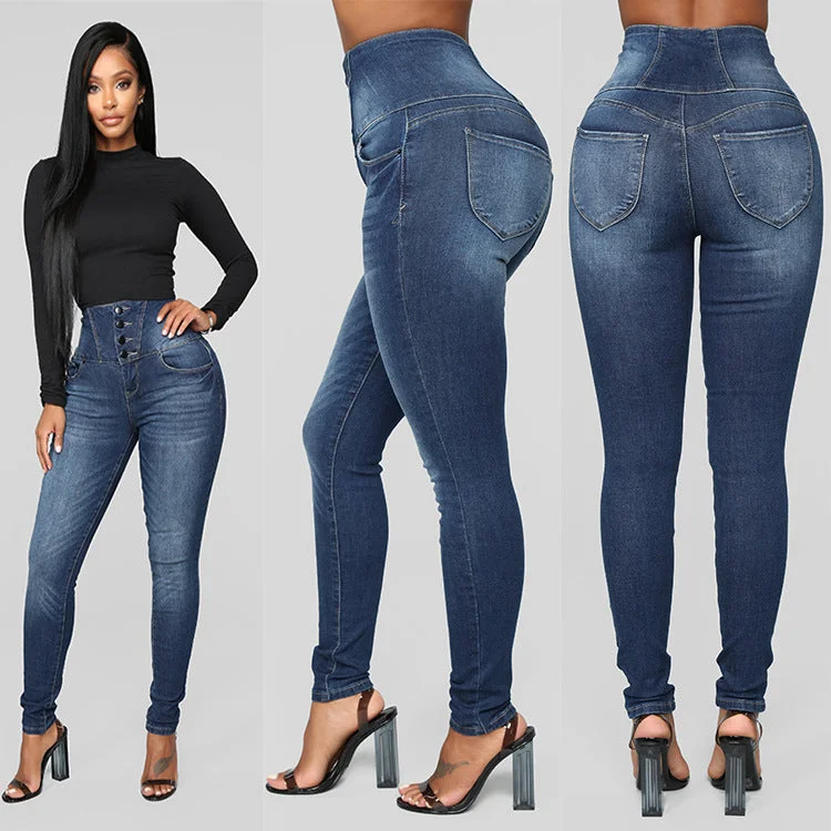 European And American Women's High Waist  Slim Jeans Women Casual Distressed Denim Jeans