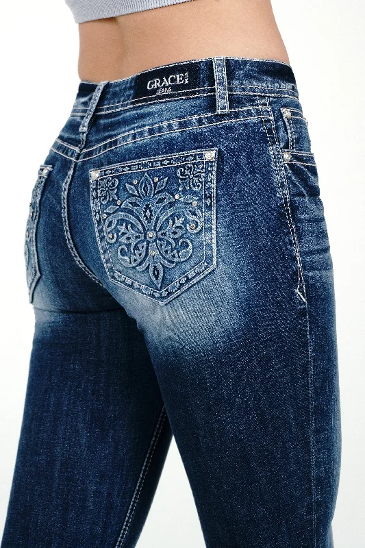 Flu De Lee Mid Rise Rhinestone Pocket Jeans Trendy Paperbag Waist Jeans