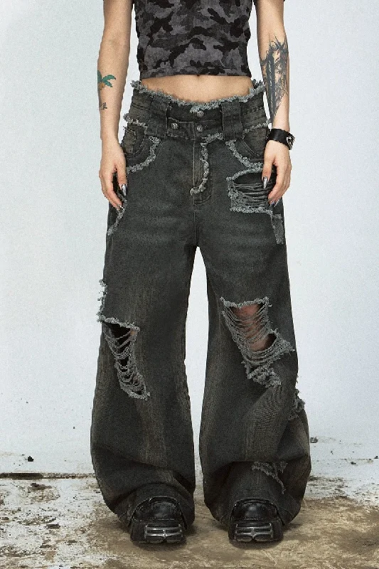 Frayed Distressed Loose Fit Jeans Fashionable Raw Hem Bootcut Jeans