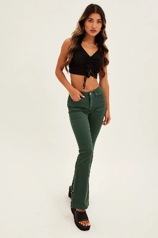 Green Flare Denim Jeans Low Rise Elegant Skinny Leg Jeans