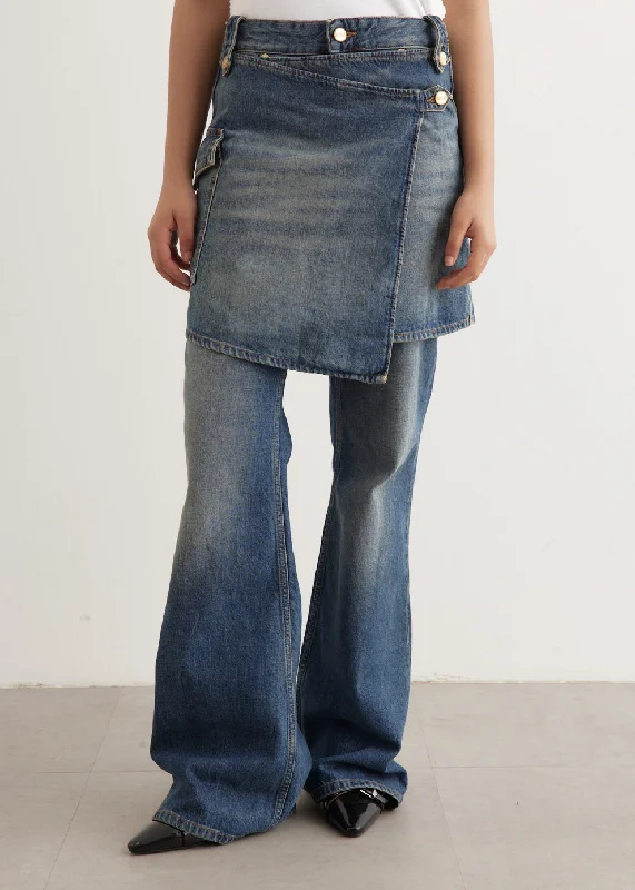 Heavy Washed Denim Flared Skirt Jeans Trendy Wide-Legged High-Waist Jeans