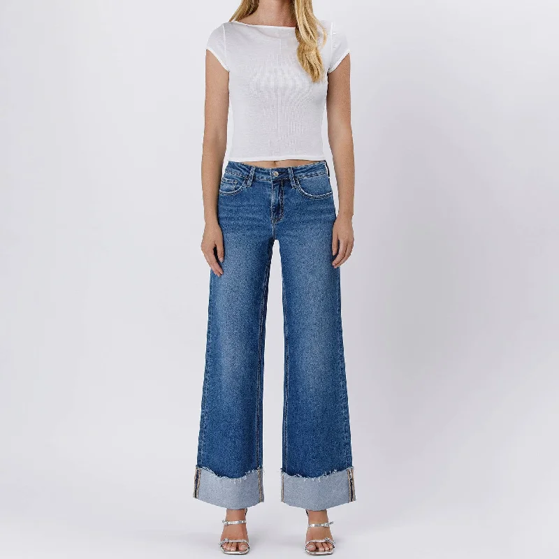 High Rise Cuffed Wide Leg Jeans Elegant High-Waisted Flared Jeans