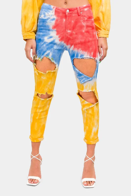 High Waist Ripped Tie Dye Mom Jeans Casual Distressed Denim Jeans