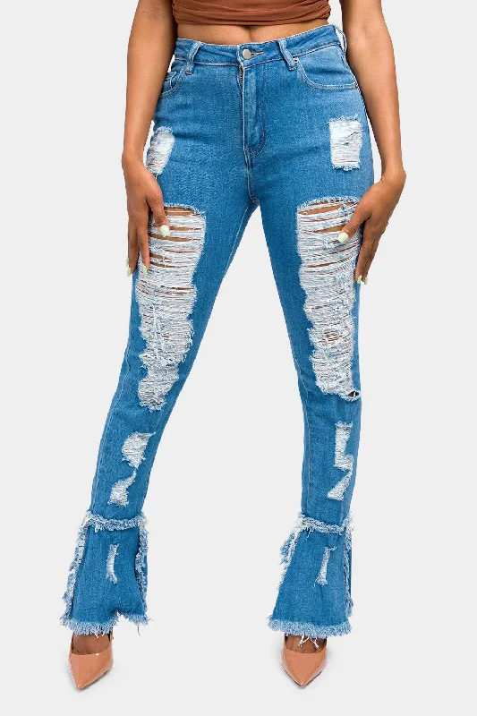High Waisted Distressed Bootcut Jeans Fashionable Raw Hem Bootcut Jeans