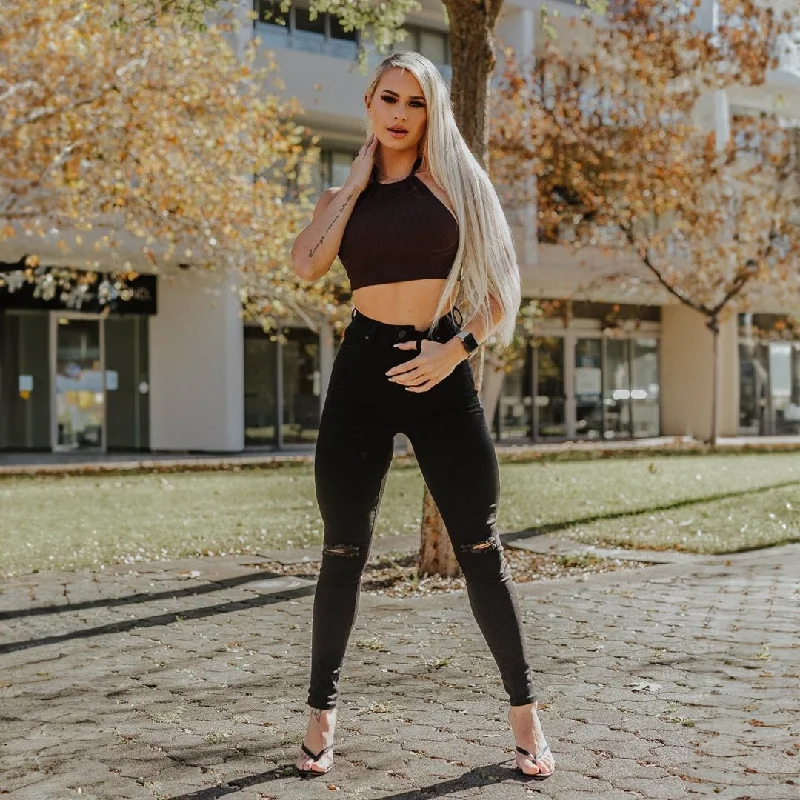 Impact High Waisted Skinny Jeans - Black Knee Rips Casual Skinny Fit Jeans