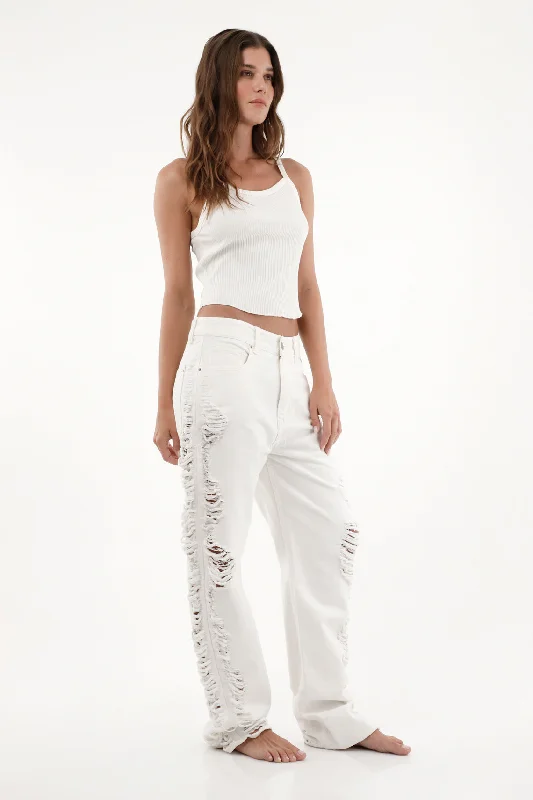 Women's Mid-Rise Distressed Straight White Jeans Trendy Button-Up High-Waist Jeans