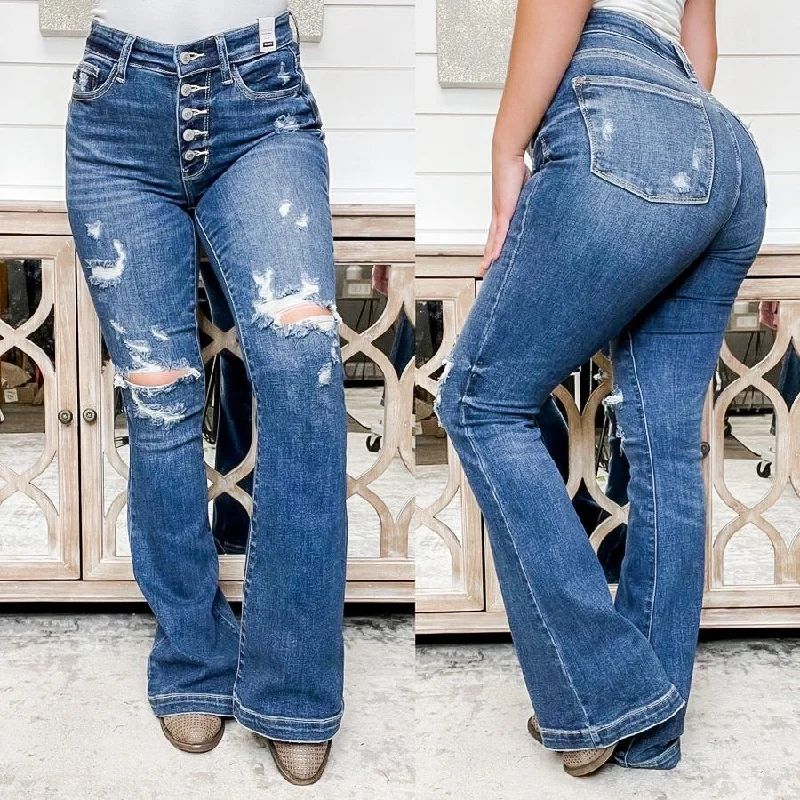 Judy Blue Eliza Distressed Mid Rise Button Fly Trouser Flare Dark Wash Jeans Stylish Cargo Style Jeans Judy Blue Eliza Distressed Mid Rise Button Fly Trouser Flare Dark Wash Jeans Stylish Cargo Style Jeans