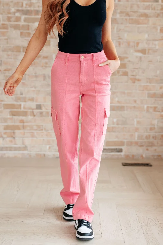 Judy Blue Peggy High Rise Cargo Jeans in Pink