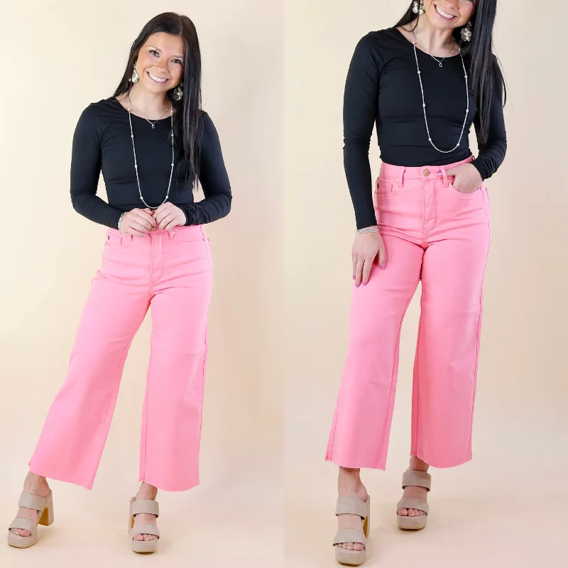 Judy Blue | Sign Me Up Tummy Control Cropped Wide Leg Jeans in Pink Comfortable Zip-Fly Denim Jeans Judy Blue | Sign Me Up Tummy Control Cropped Wide Leg Jeans in Pink Comfortable Zip-Fly Denim Jeans