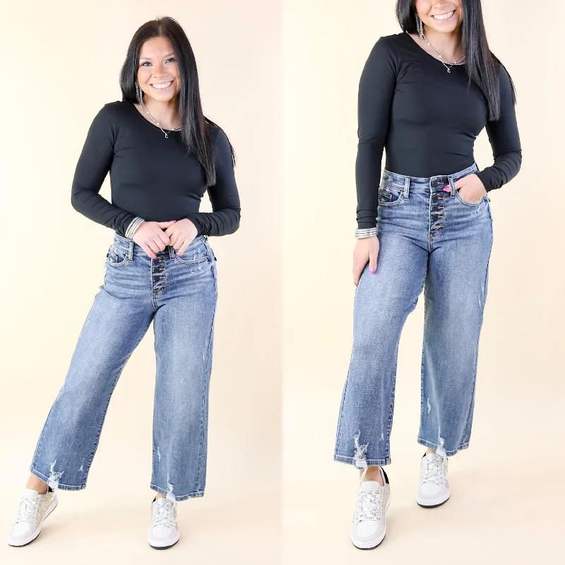 Last Chance Size 1, 3, 15, 14W, 20W, 22W & 24W | Judy Blue | Trend Setter Button Fly Cropped Wide Leg Jeans in Medium Wash