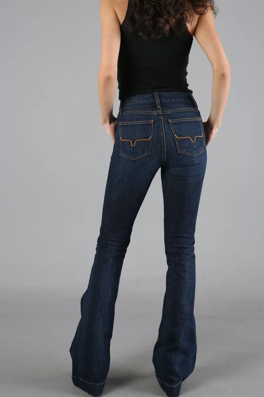 Kimes Ranch Women's Dark Wash Jennifer High Rise Wide Flare Jeans Trendy Low-Rise Slim Jeans