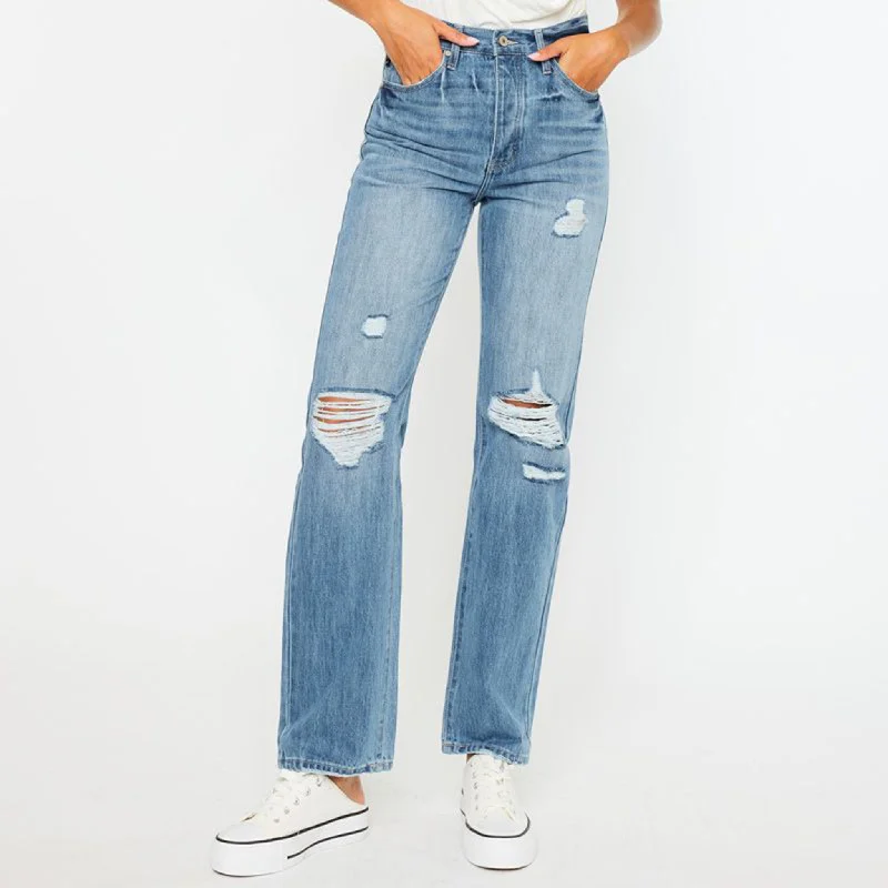 KanCan Women's Med/Distressed High Rise 90s Jeans Trendy Pleated Waist Jeans