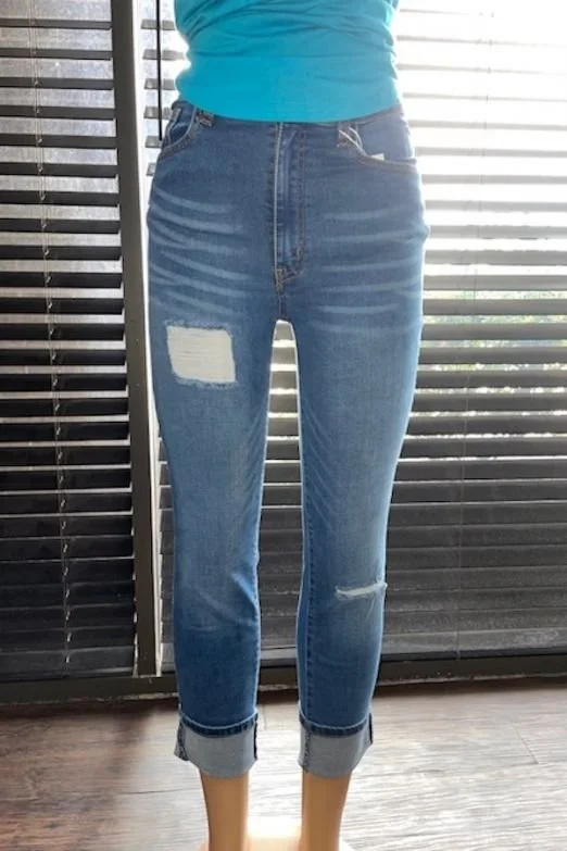 MID WASH RIPPED BOYFRIEND JEANS W ZIPPER - L&B Trendy Classic Fit Jeans