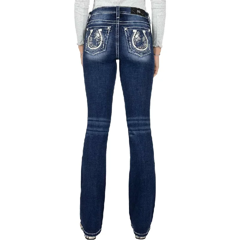 Miss Me Women's Floral Swirl Horseshoe Bootcut Jeans Trendy Colored Denim Jeans