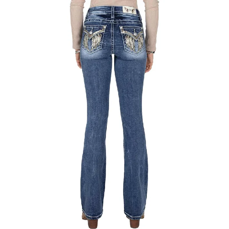 Miss Me Women's Natural Feather Wings Bootcut Jeans Stylish Tapered Fit Jeans