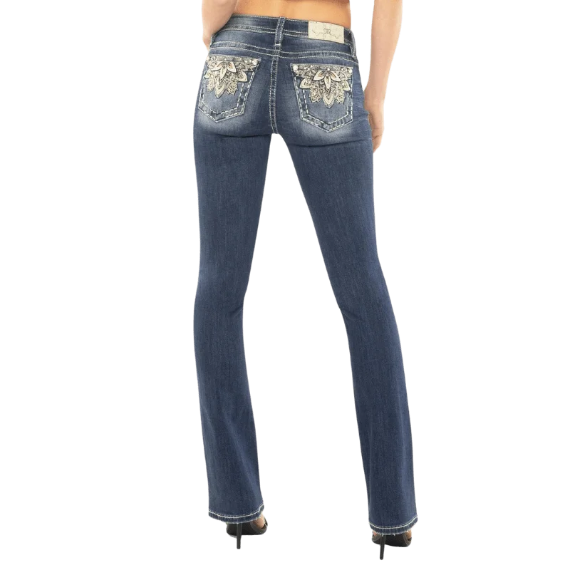 Miss Me Women's Metallic Floral Mid Rise Bootcut Jeans M9223BV Casual Wide-Legged Denim Jeans Miss Me Women's Metallic Floral Mid Rise Bootcut Jeans M9223BV Casual Wide-Legged Denim Jeans