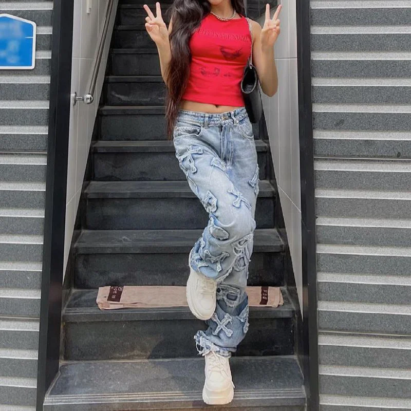Personality Letter Patch Loose Straight Jeans Trendy Button-Up High-Waist Jeans