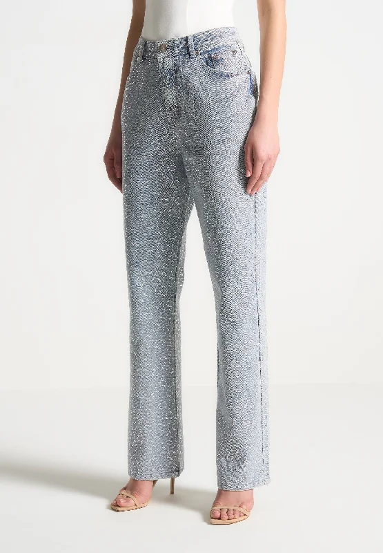 Rhinestone Eiffel Boyfriend Jeans - Mid Blue Chic Vintage-Inspired Denim Jeans
